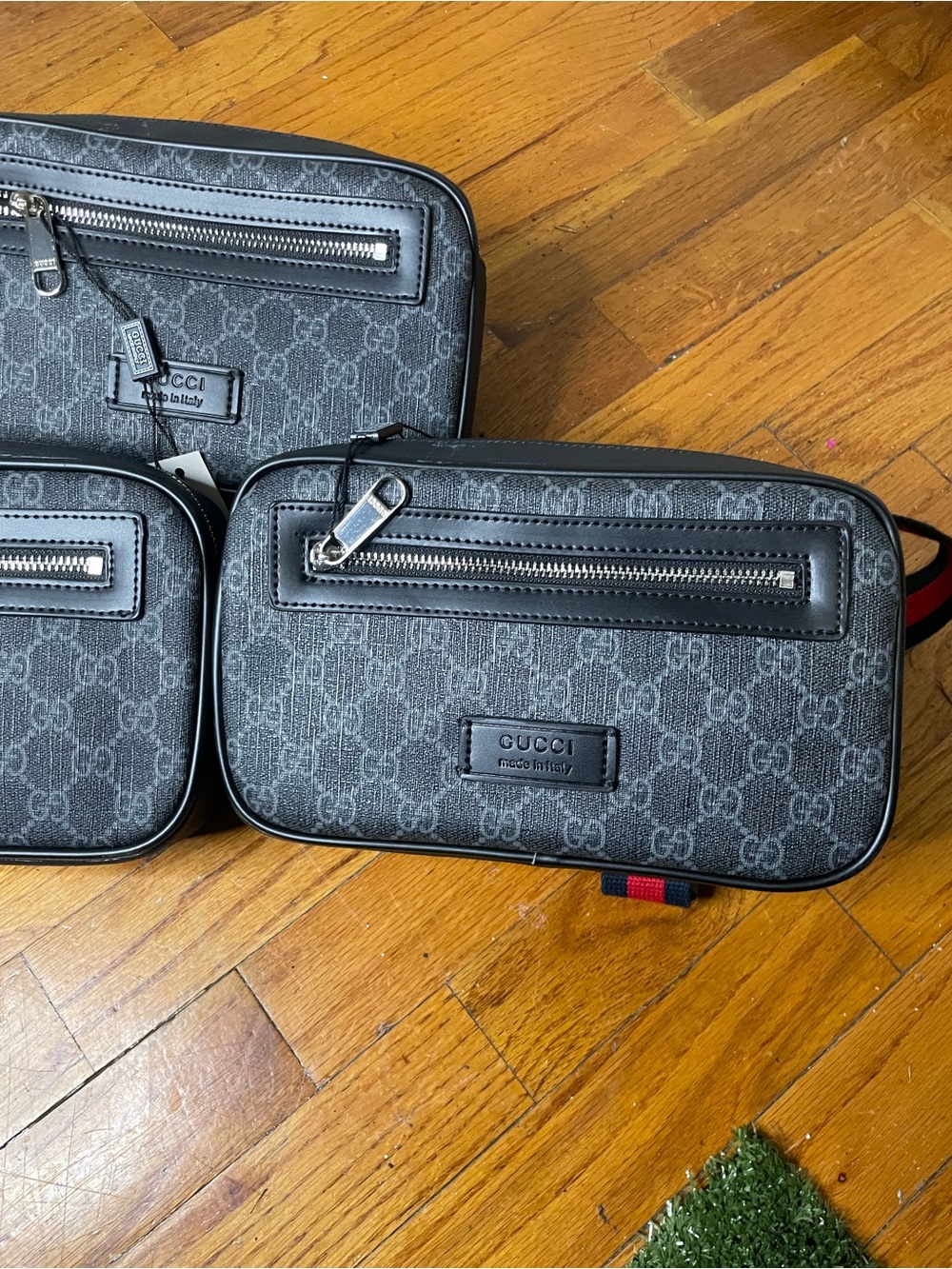 Gucci Men's Black GG Supreme Belt Bag with Red-Blue Web